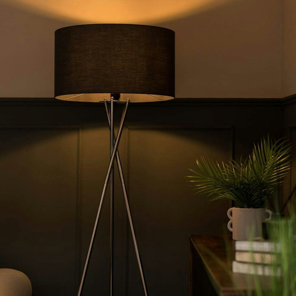 image 1 of ValueLights Camden Brushed Chrome Tripod Floor Lamp Charcoal Shade Grey