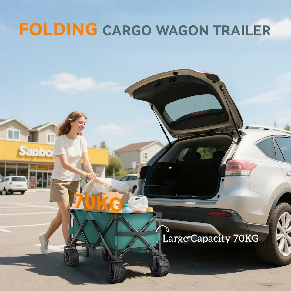 image 1 of Outsunny Outdoor Cart Folding Cargo Wagon Trailer Beach w/ Handle Dark Grey