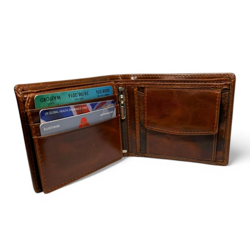 image 1 of SPORTGIFTZ - Buffalo Leather Rugby Wallet | RFID Protection | 7 Card Slots | Coin Pouch & ID Holder | Rugby Fan Accessory | Multicoloured, 10cm x 8cm, Leather Brown