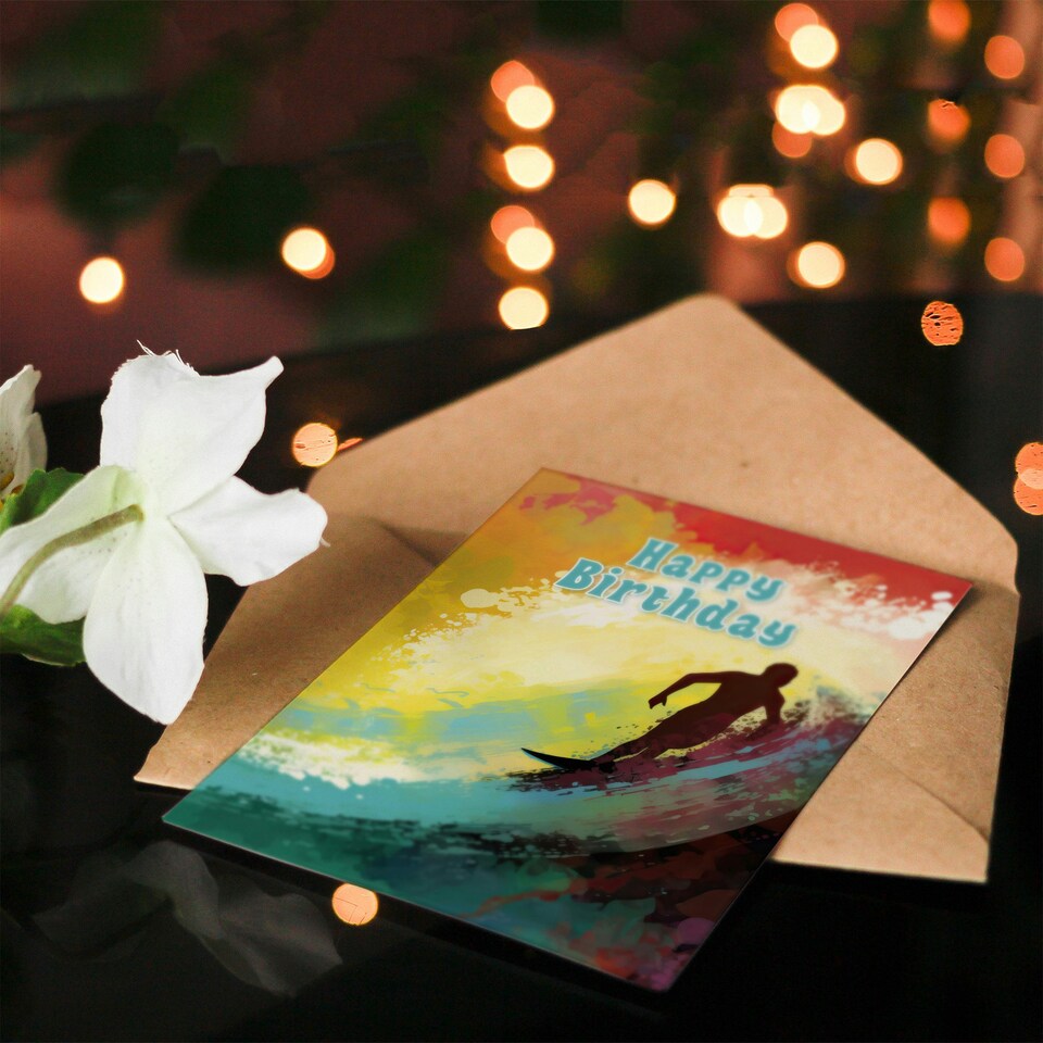 image 1 of Happy Birthday Surfing Surfer Colorful Wave Surf Birthday Card