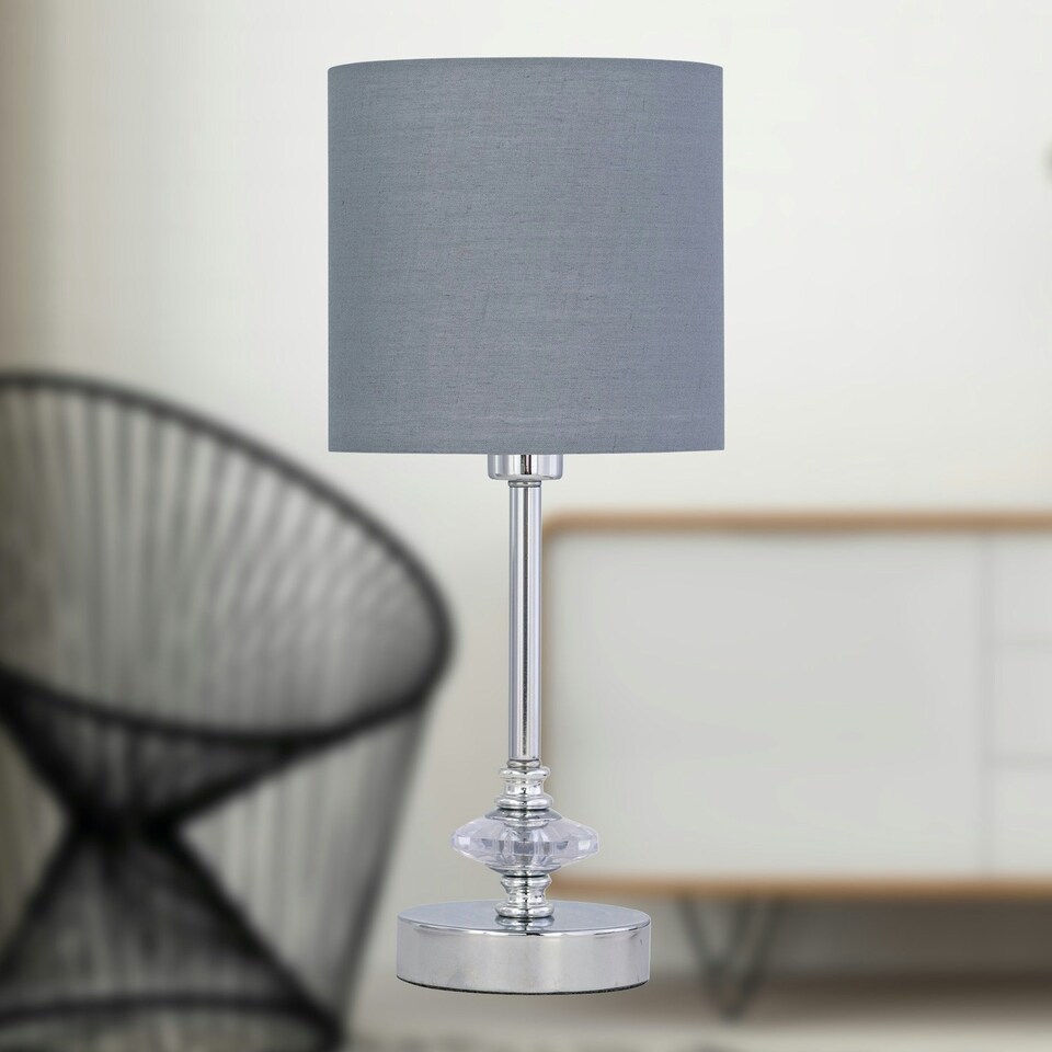 image 1 of Chrome Jewelled Table Lamp with Grey Cotton Shade Chrome | Grey