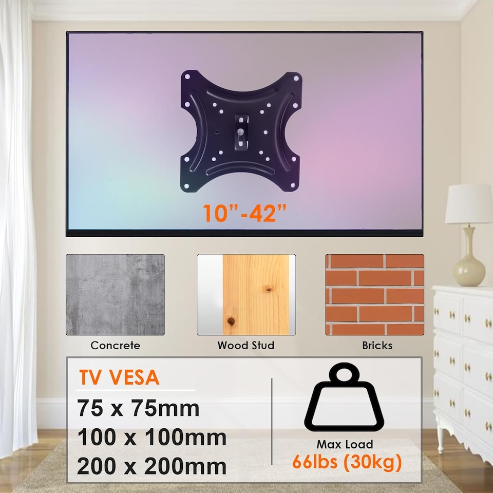 image 1 of Tilt Swivel TV Wall Mount Bracket 10-42 inch VESA 75x200mm Full Motion Articulating Arm Brackets Heavy Duty Load Capacity 30kg