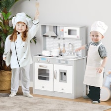 HOMCOM Kids Wooden Toy Kitchen Pretend Play Cooking Playset with Sound & Light Effect, Battery Operated Cooktop, Ice Machine, Marble Pattern Countertop, for 3-6 Years Old