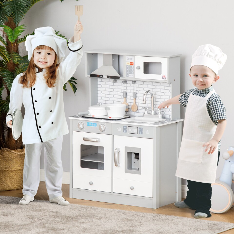 image 1 of HOMCOM Kids Wooden Toy Kitchen Pretend Play Cooking Playset with Sound & Light Effect, Battery Operated Cooktop, Ice Machine, Marble Pattern Countertop, for 3-6 Years Old