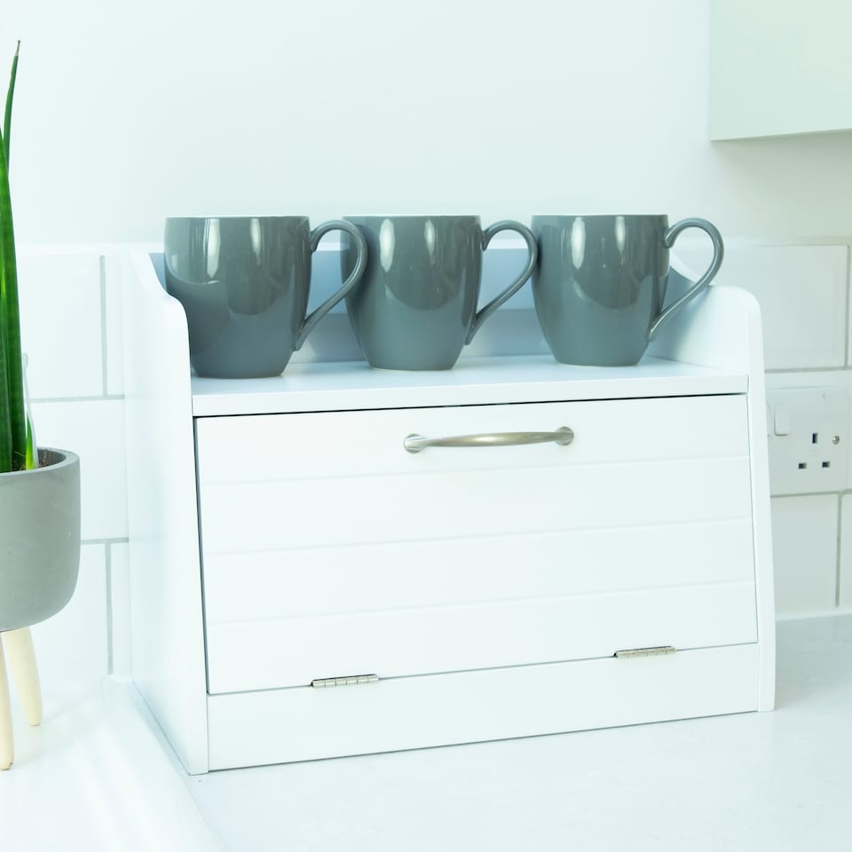 image 1 of Minack Wooden Bread Bin in White - Freestanding Worktop Storage Box with Shelf | White