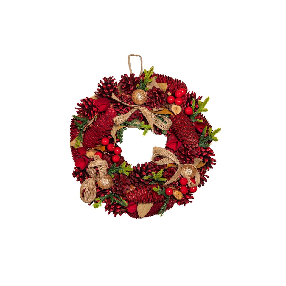 image 1 of 30cm Red Rose Hanging Christmas Wreath with Pinecones & Red Berries