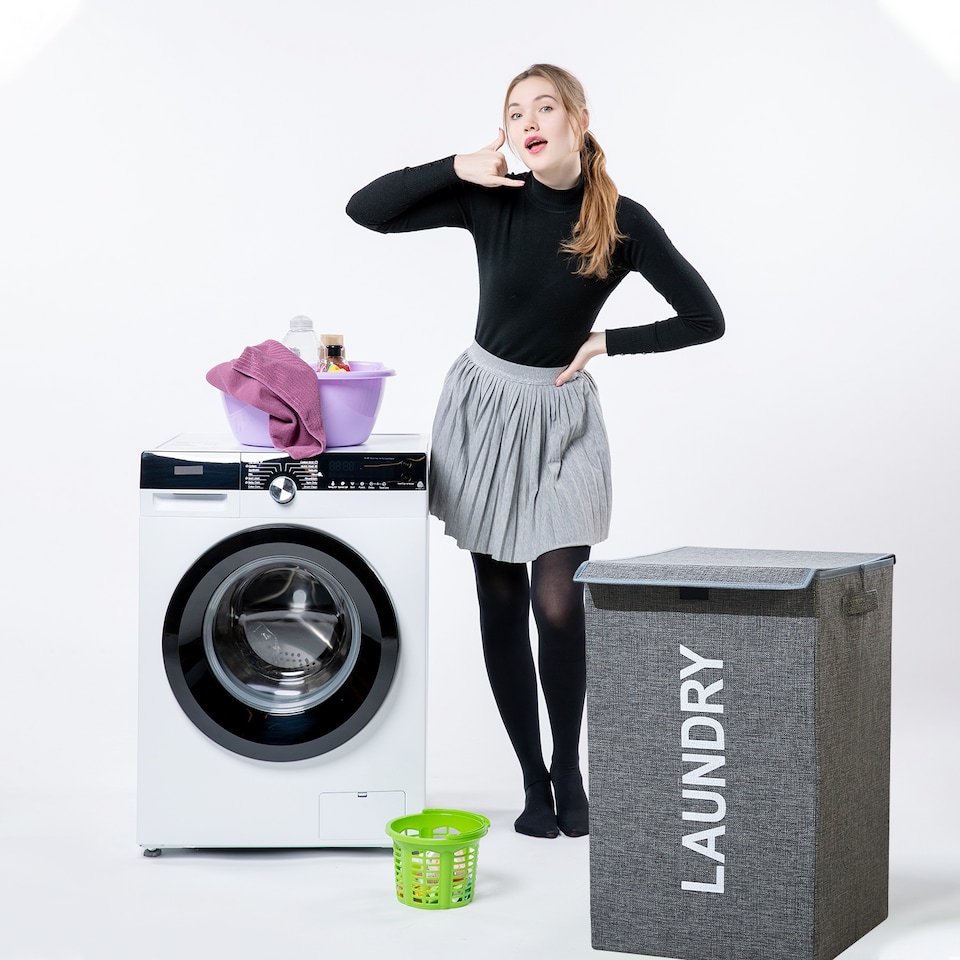 image 1 of 57L Collapsible Laundry Basket with Lid Portable Clothes Hamper