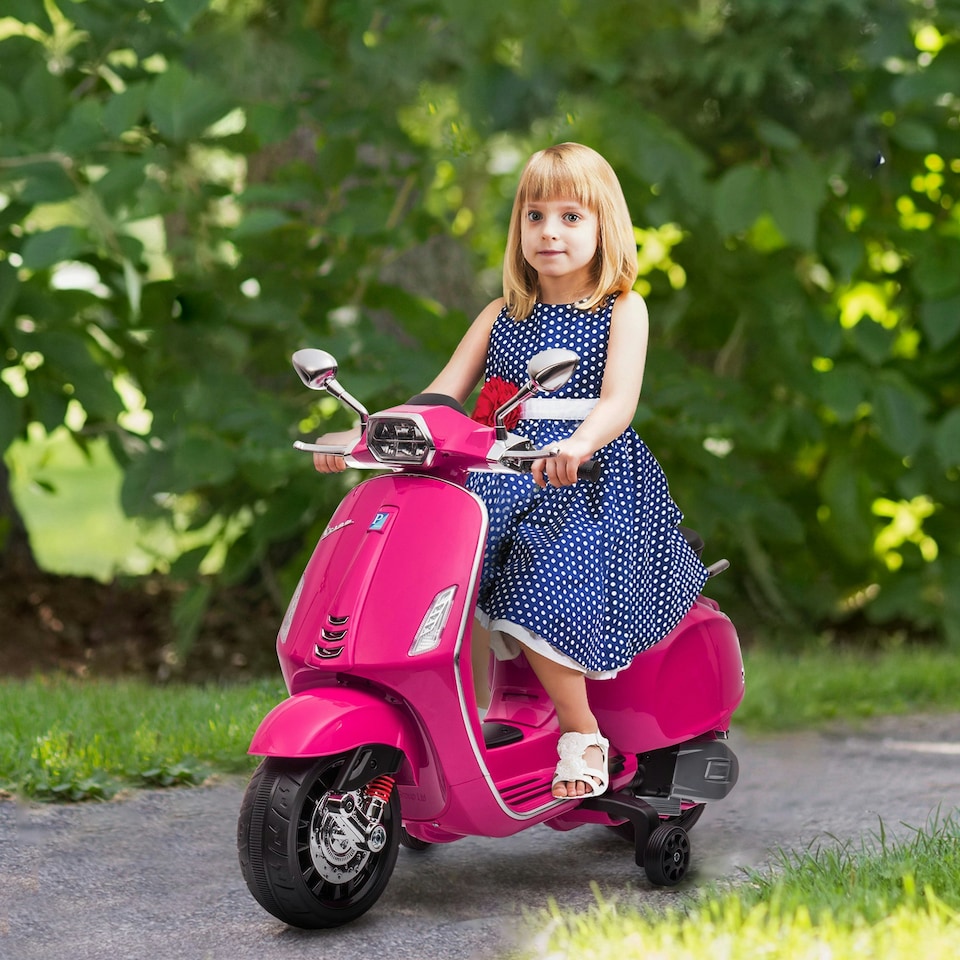 image 1 of AIYAPLAY Vespa Licensed 12V Kids Electric Bike w/ 2 Training Wheels, Pink