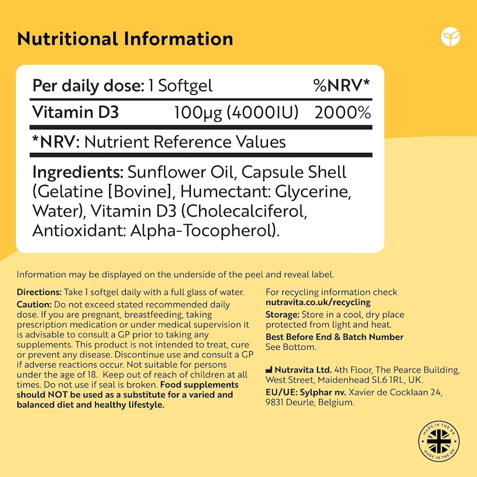 image 1 of Nutravita Vitamin D3 4000 iu - 400 High Strength Easy to Swallow Softgels - Max Strength Vitamin D3 Cholecalciferol Supplement - Made in The UK