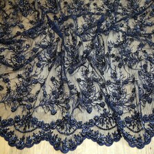 Navy Beaded Embroidered Tulle Lace Fabric for Bridal, Dressmaking, 137cm / 53" Wide - per metre
