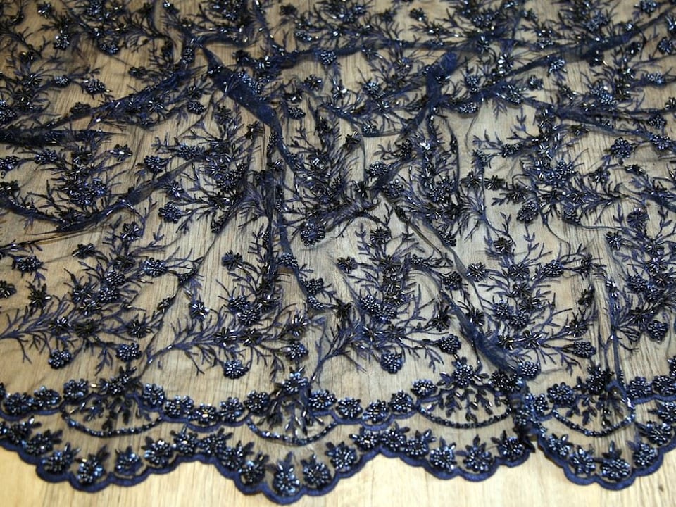 Navy Beaded Embroidered Tulle Lace Fabric for Bridal, Dressmaking, 137cm / 53" Wide - per metre