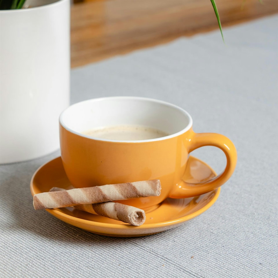 image 1 of Argon Tableware 2pc Coloured Cappuccino Cup & Saucer Set - 250ml - Yellow - Coffee Cup Latte Cup Drinking Cup