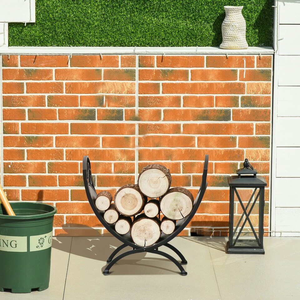 image 1 of Outsunny Iron Folding Arced Firewood Log Holder Leaf Scroll Panel Indoor Outdoor