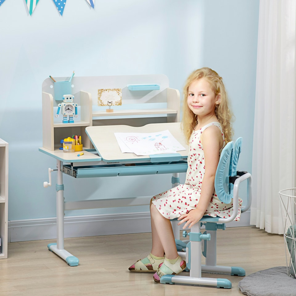 image 1 of HOMCOM Kids Desk and Chair Set with Storage Shelves, Washable Cover - Pink