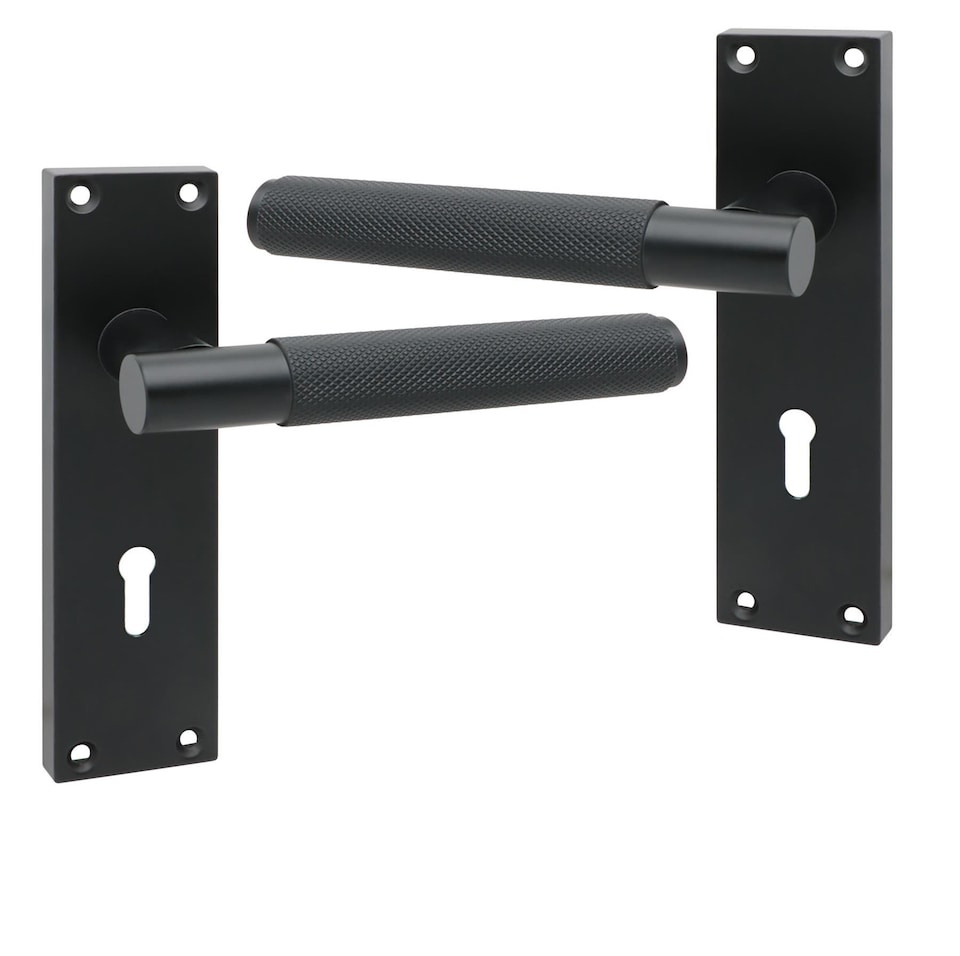 image 1 of Golden Grace Victorian T-Bar Knurled Lock Door Handle Set Matt Black Finish with 3 Lever Lock and Screws - 150mm