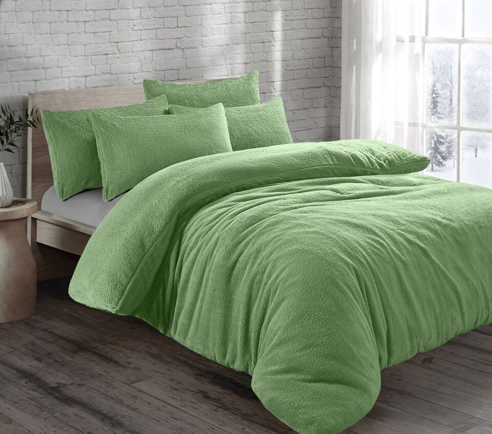 Homes Linen Teddy Fleece Sage Green Duvet Cover Set with Pillowcases Thermal Soft Warm Cosy Winter Bedding Set | Clear | Sage Green | Double
