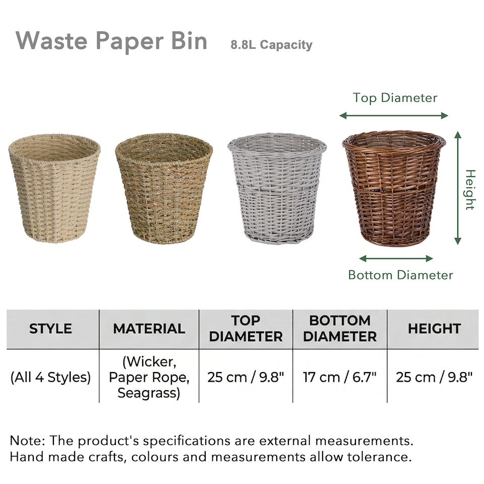 image 1 of Wickerfield 9L Round Wicker Waste Paper Basket Bin for Home Office and Bedroom