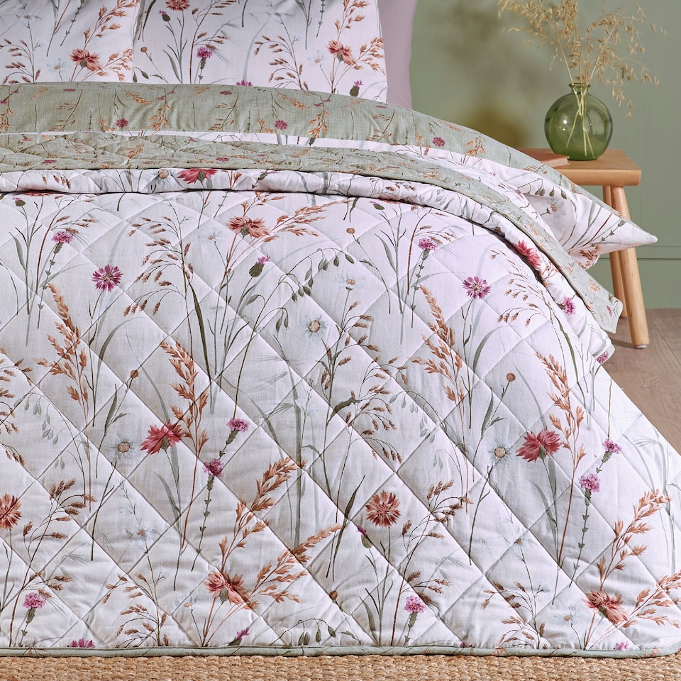 image 1 of Catherine Lansfield Brushed Grasmere Floral Cotton Reversible Quilted Bedspread