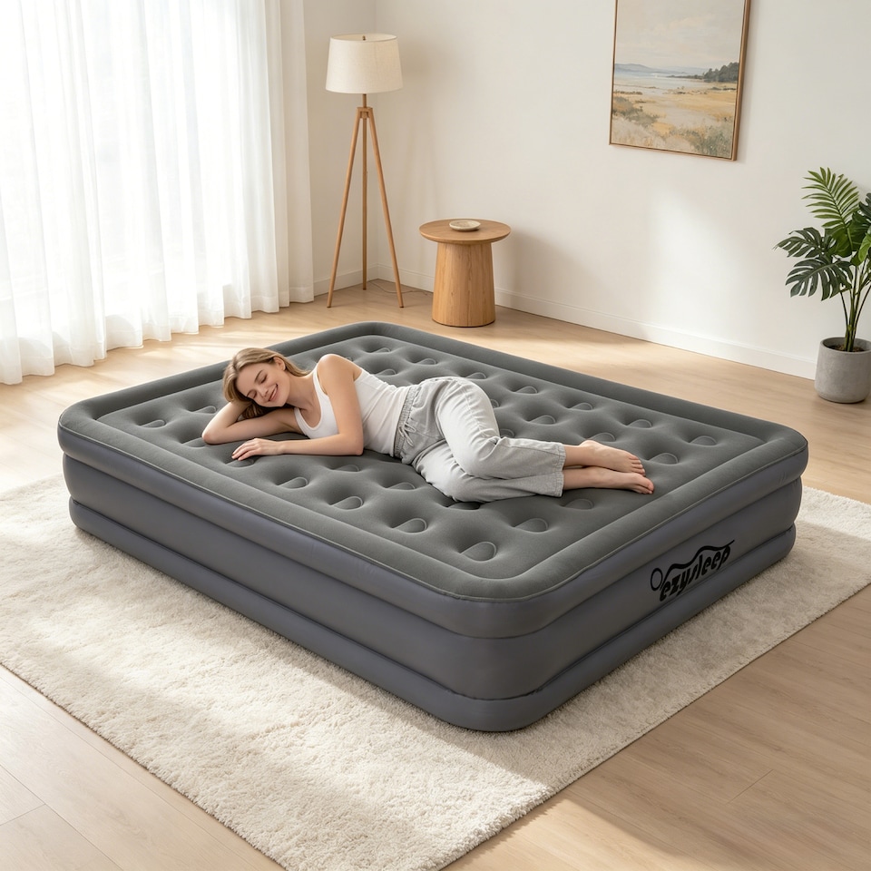 image 1 of Ezysleep Deluxe Double Single Flocked Camping Airbed Inflatable Mattress Blow Up Air Bed