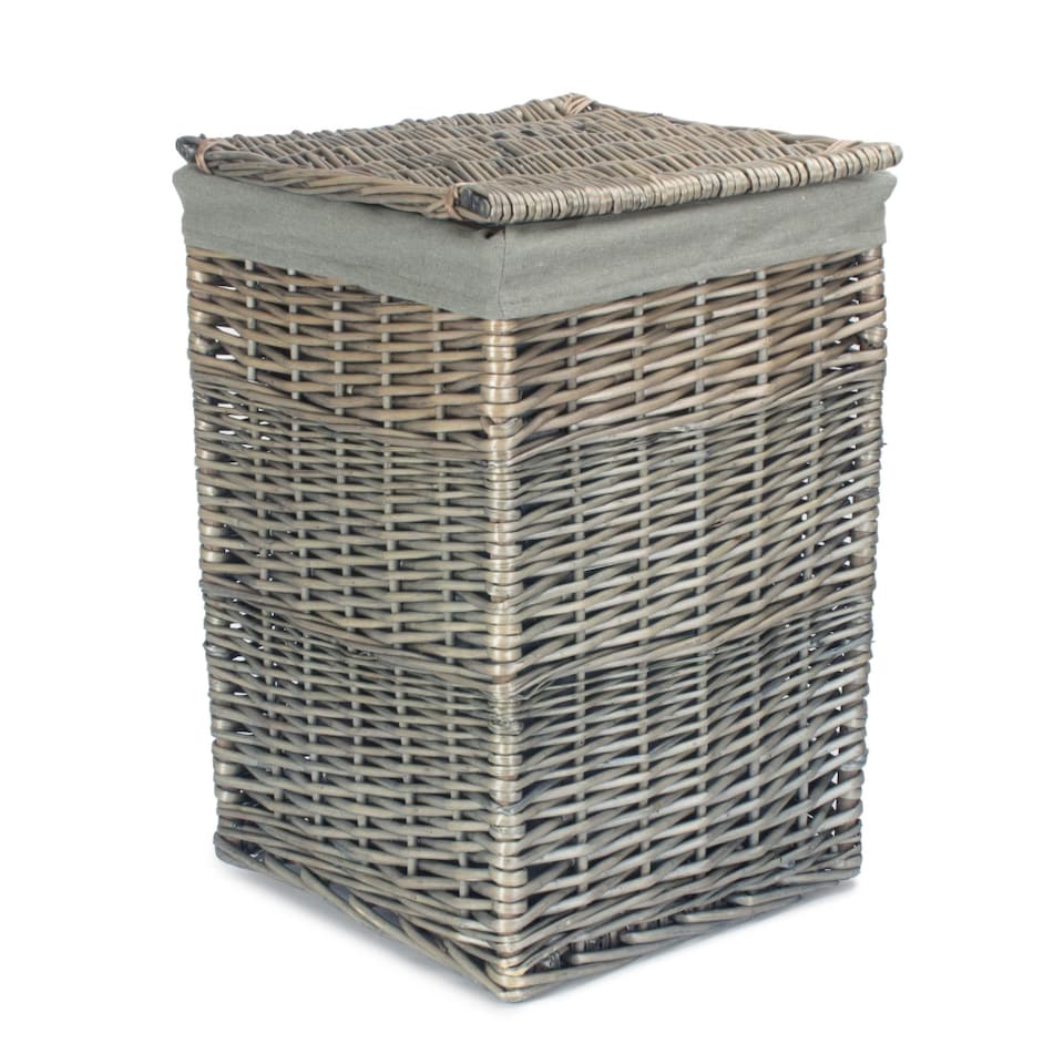 image 1 of Small Antique Wash Square Laundry Basket with Grey Sage Lining | Grey | Grey