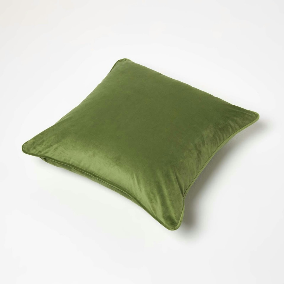 image 1 of Homescapes Olive Green Filled Velvet Cushion with Piped Edge - 46 x 46 cm | Green | Olive Green | 1