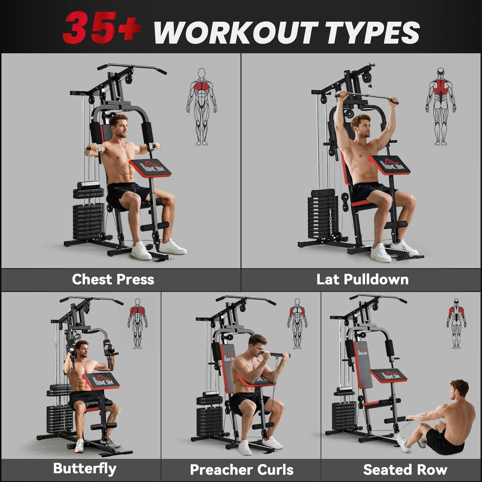 image 1 of HOMCOM Multi Home Gym Machine with 66kg Weights for Strength Training, Red