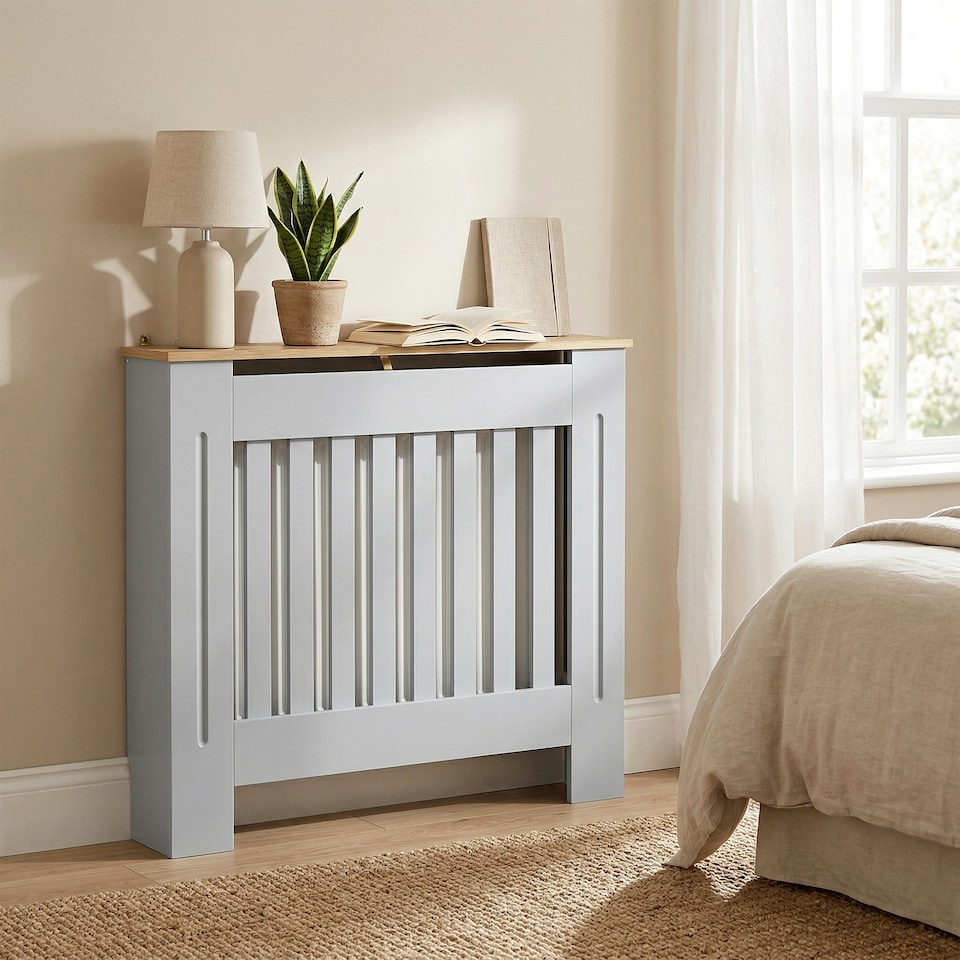 image 1 of HOMCOM Radiator Cover Wooden Cabinet Vertical Slatted Vent MDF Grey Home