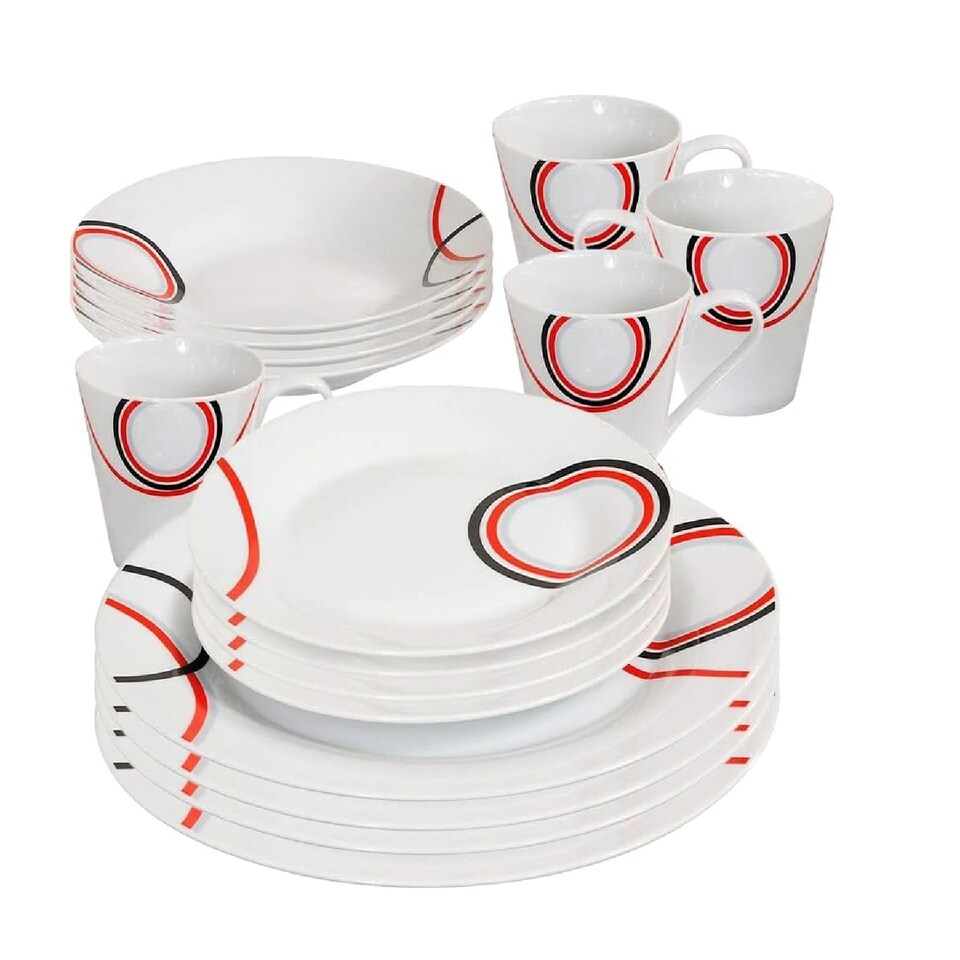 image 1 of 16 Piece Dinner Set Red & Black Pattern Dinnerware Plates Mugs Home