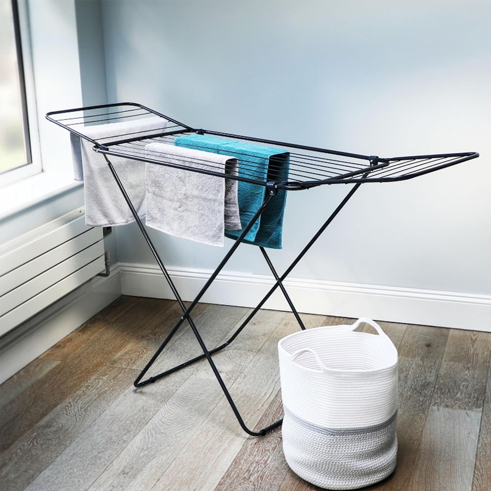 image 1 of Black Clothes Airer Metal Foldable Clothes Drying Rack With Winged Stand For Indoor & Outdoor Use