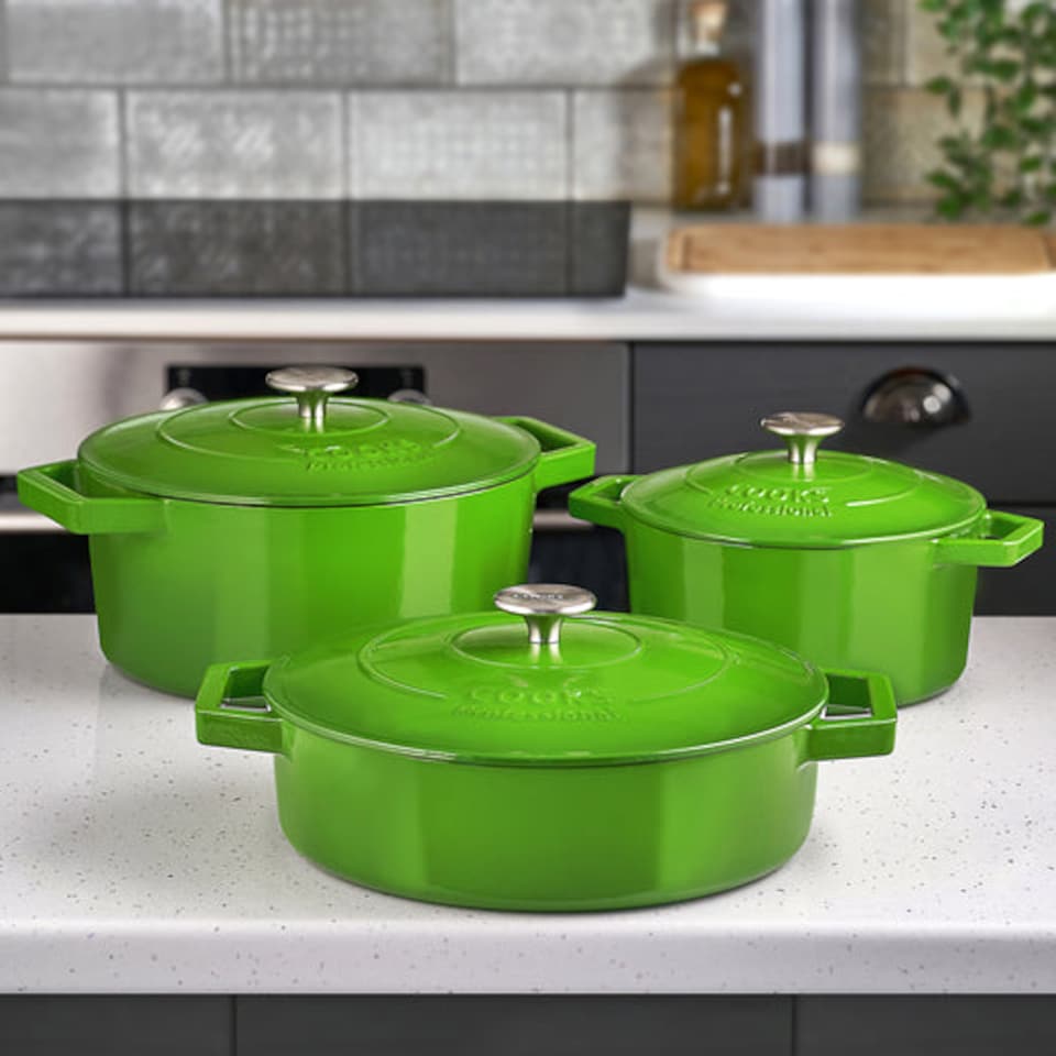 image 1 of Cooks Professional Set of 3 Cast Iron Casserole Dishes 20, 26 & 28cm | Green | Green