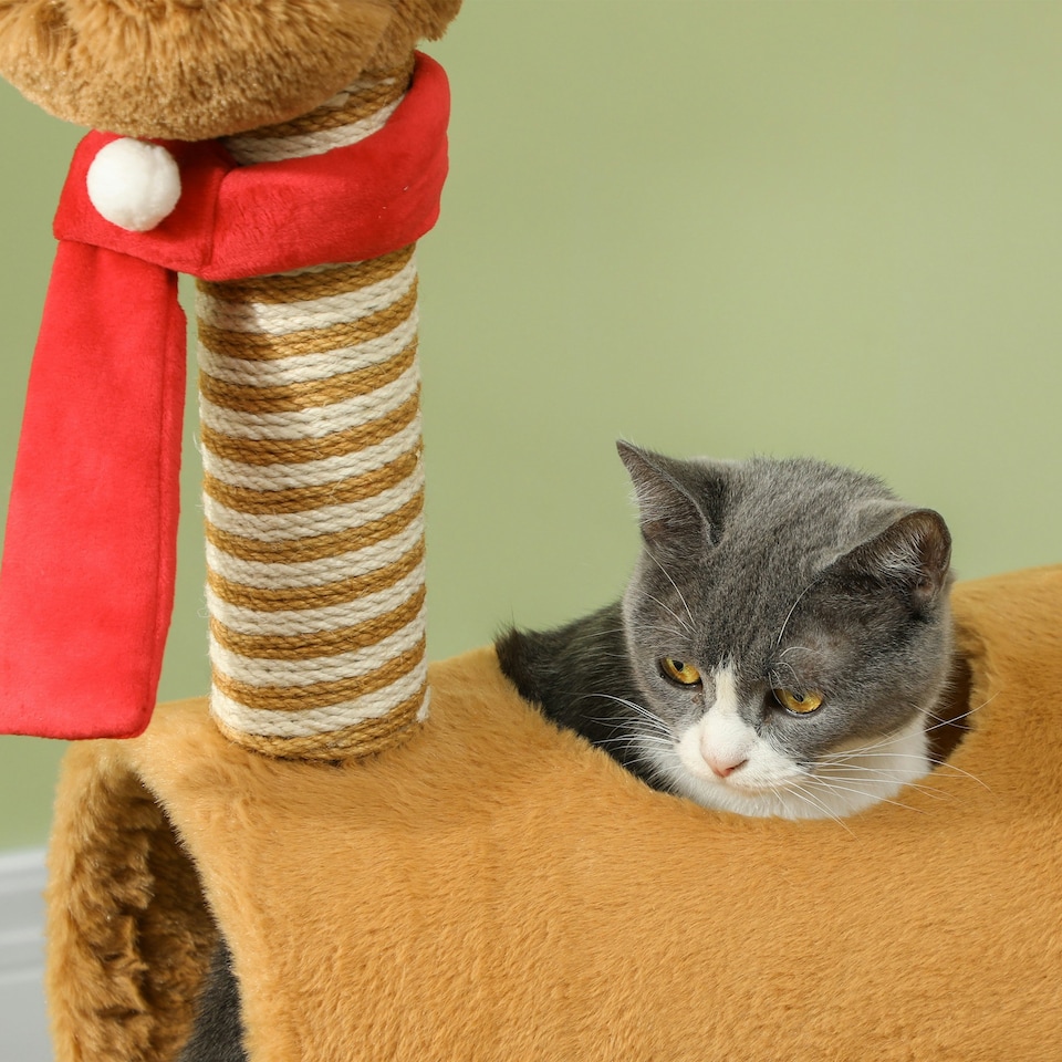 image 1 of PawHut Cat Tree 98cm Deer-Designed Scratching Post with Ball Tunnel, Brown