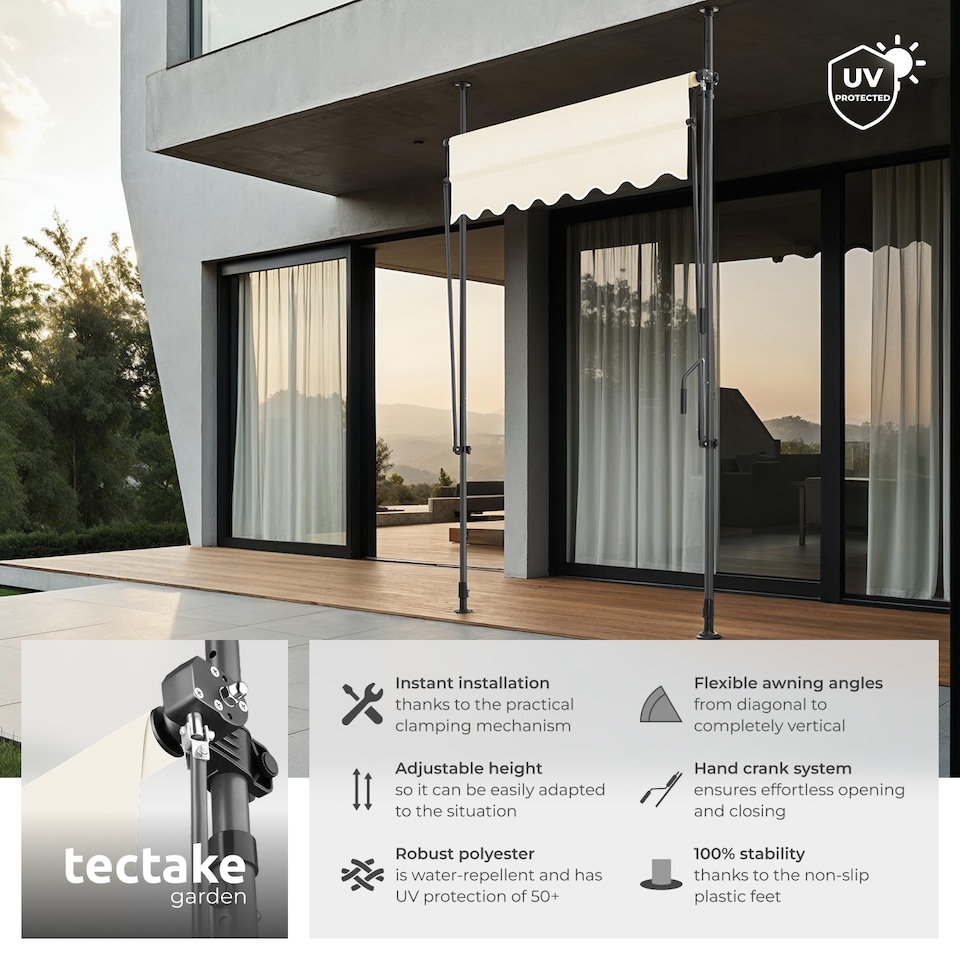image 1 of Awning with hand crank - pressure fitted , height adjustable | Cream | beige | 150 x 180 cm | 1