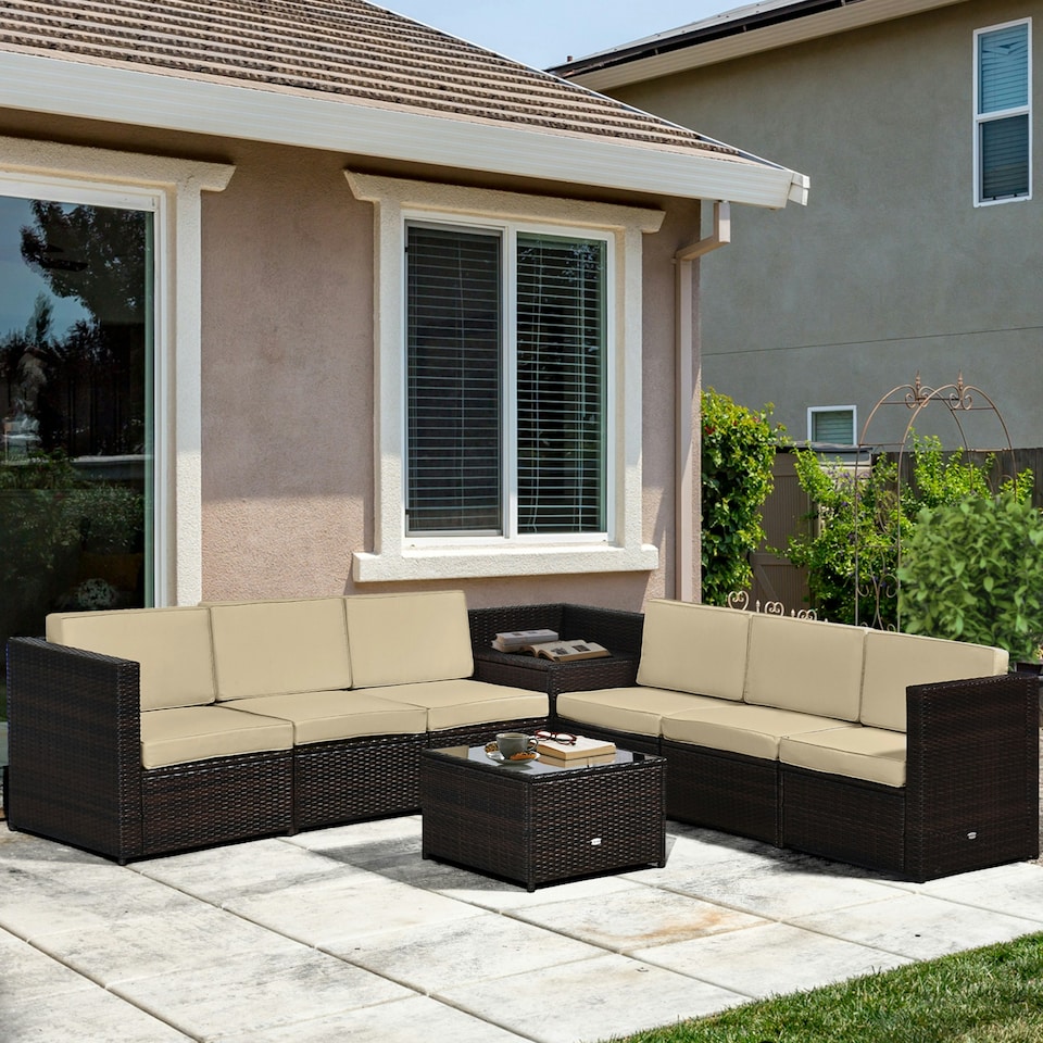 image 1 of Outsunny 8Pcs Patio Rattan Sofa Set Garden Furniture Side Table w/ Cushion