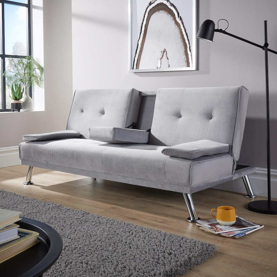 image 1 of Double Sofa Bed Folding Chair Armrests Grey Crushed Velvet Metal Legs Couch