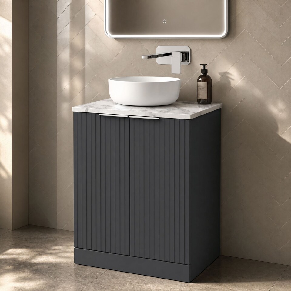 image 1 of Balterley Callingwood Contemporary Floor Standing 2 Door Vanity Unit with Carrera Marble Laminate Worktop , 600mm, Dark Grey