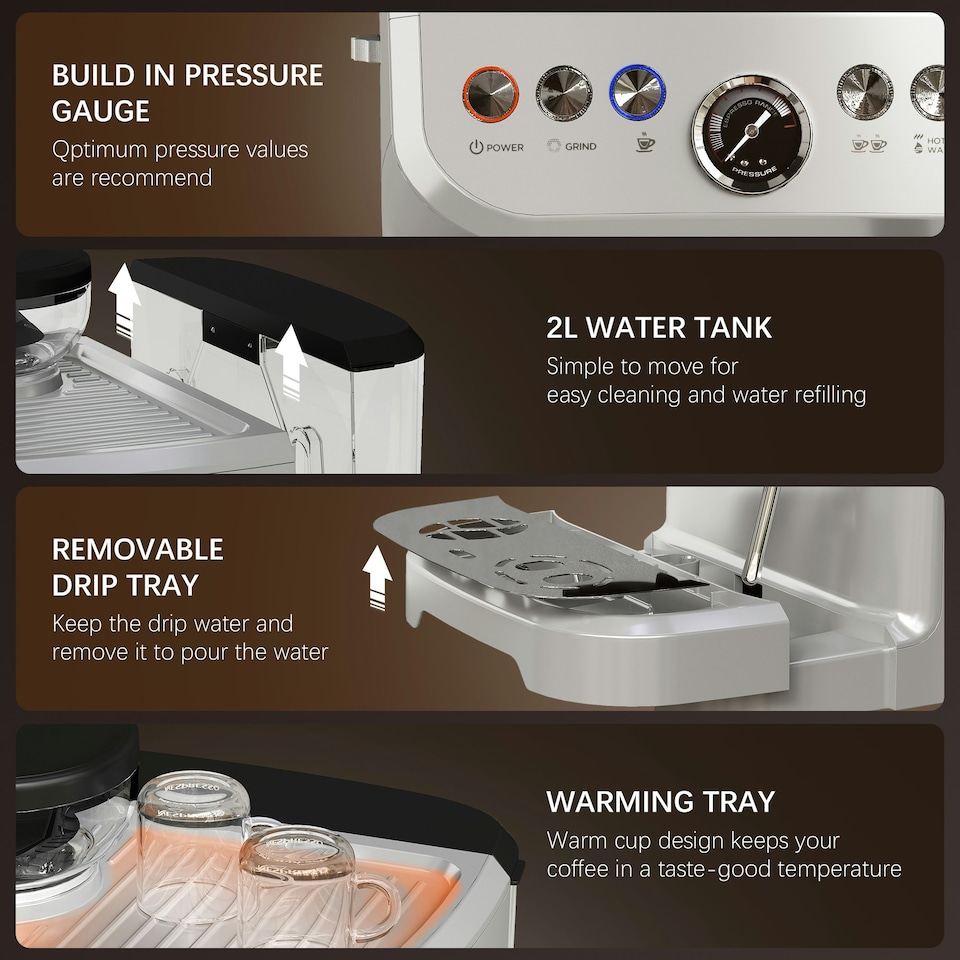 image 1 of HOMCOM Espresso Machine, Bean Grinder & Steam Wand, 15 Bar Pressure, Silver.