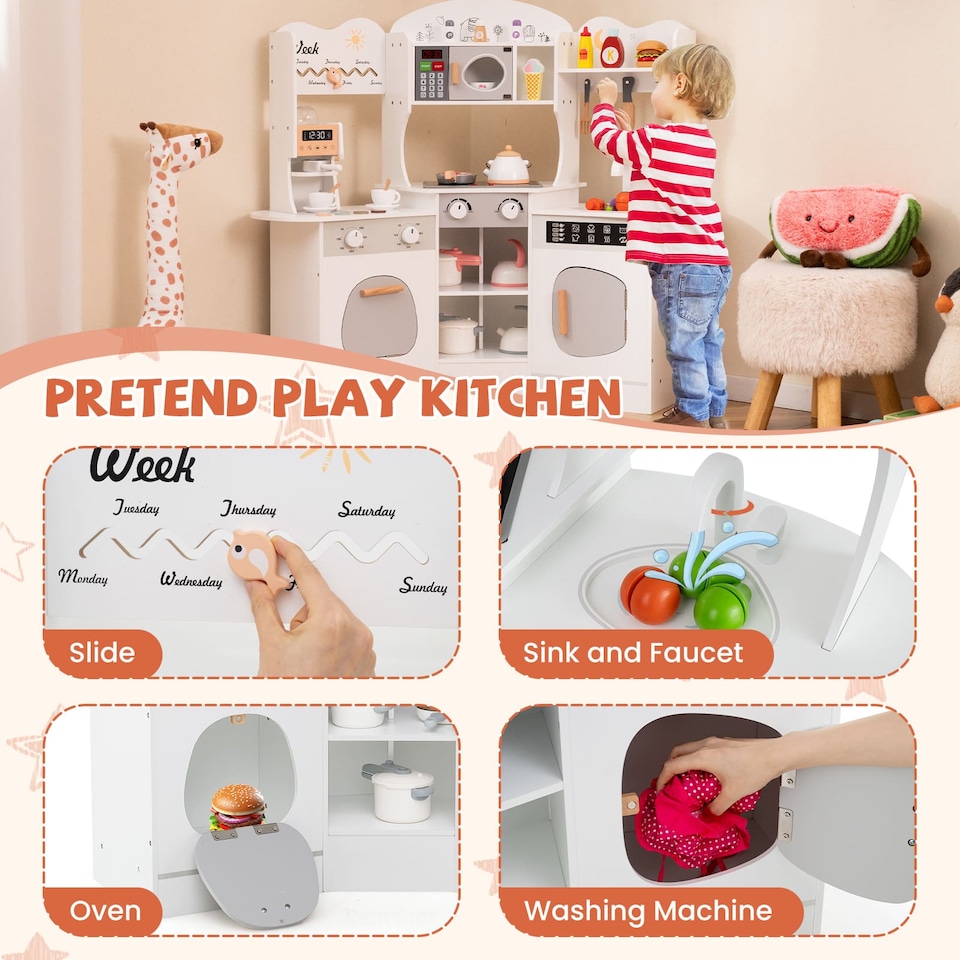 image 1 of COSTWAY Corner Wooden Play Kitchen Toddler Kitchen Playset w/Sounds-White