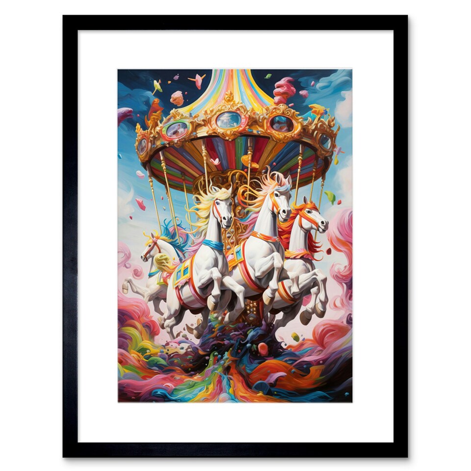image 1 of Magical Carousel Rainbow Clouds Fantasy Kids Bedroom 9x7" Black Framed Wall Art Print