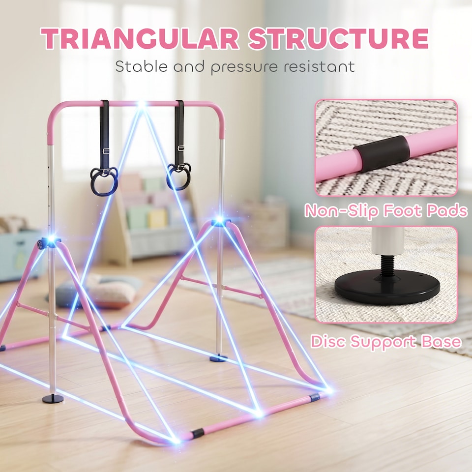 image 1 of HOMCOM Adjustable Height Foldable Kids Gymnastics Bar, Pink