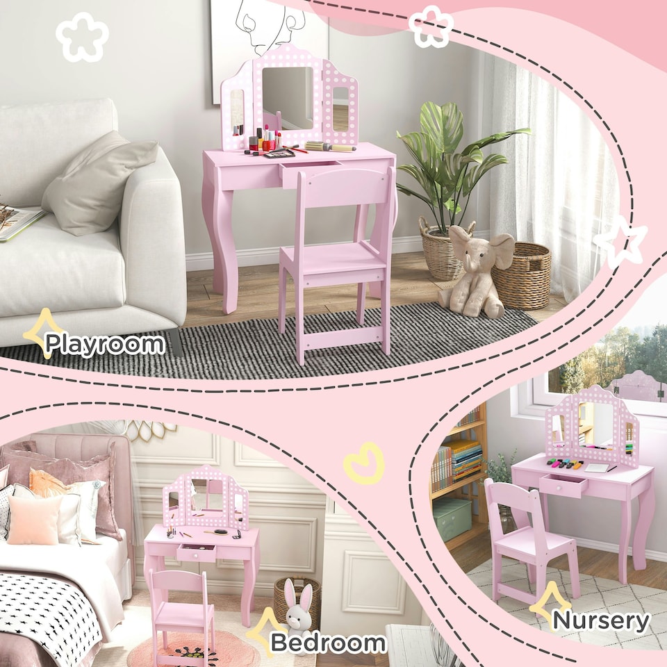 image 1 of AIYAPLAY Kids Dressing Table Set Make up w/ Stool, Drawer, for Playroom Pink