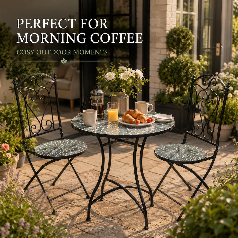 image 1 of Leaf Mosaic Bistro Set with Folding Chairs, Ceramic Top Outdoor Table and Two Seat Garden Furniture for Patio and Balcony