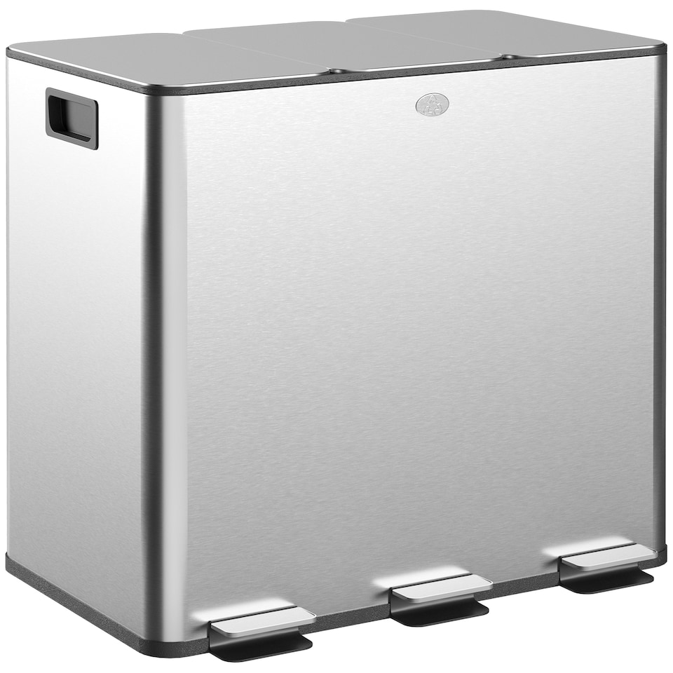 image 1 of HOMCOM Triple Kitchen Bin, 3 x 15L Pedal Bin, Stainless Steel Three Rubbish Bin with Removable Inner Buckets, Soft Close Lid, Fingerprint-Proof for Recycling and Waste, Silver Tone | Silver | 1
