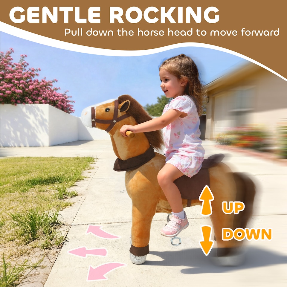 image 1 of AIYAPLAY Ride On Horse, Plush Animal Walking Horse Toy with Wheels, Brown