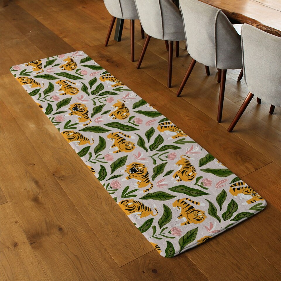 image 1 of cute tigers and tropical leaves and flowers Designer (Runner Rug)