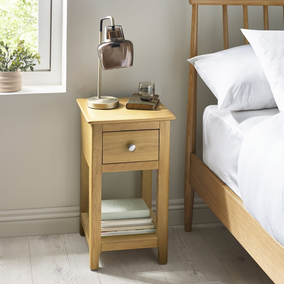 image 1 of Premium Langford Oak Compact 1 Drawer Bedside Table with Shelf