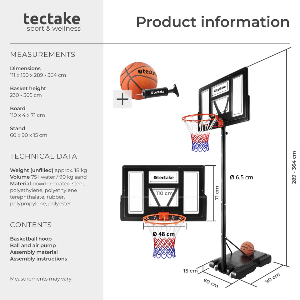 image 1 of Basketball Hoop Dirk - freestanding, height adjustable between 230 - 305 cm, with wheels, base, ball and pump
