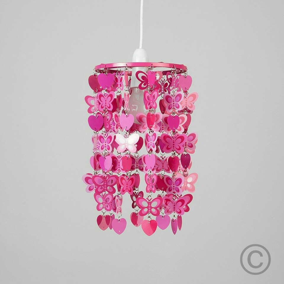 image 1 of ValueLights Pink Children's Nursery Hearts And Butterflies Ceiling Pendant Light Shade