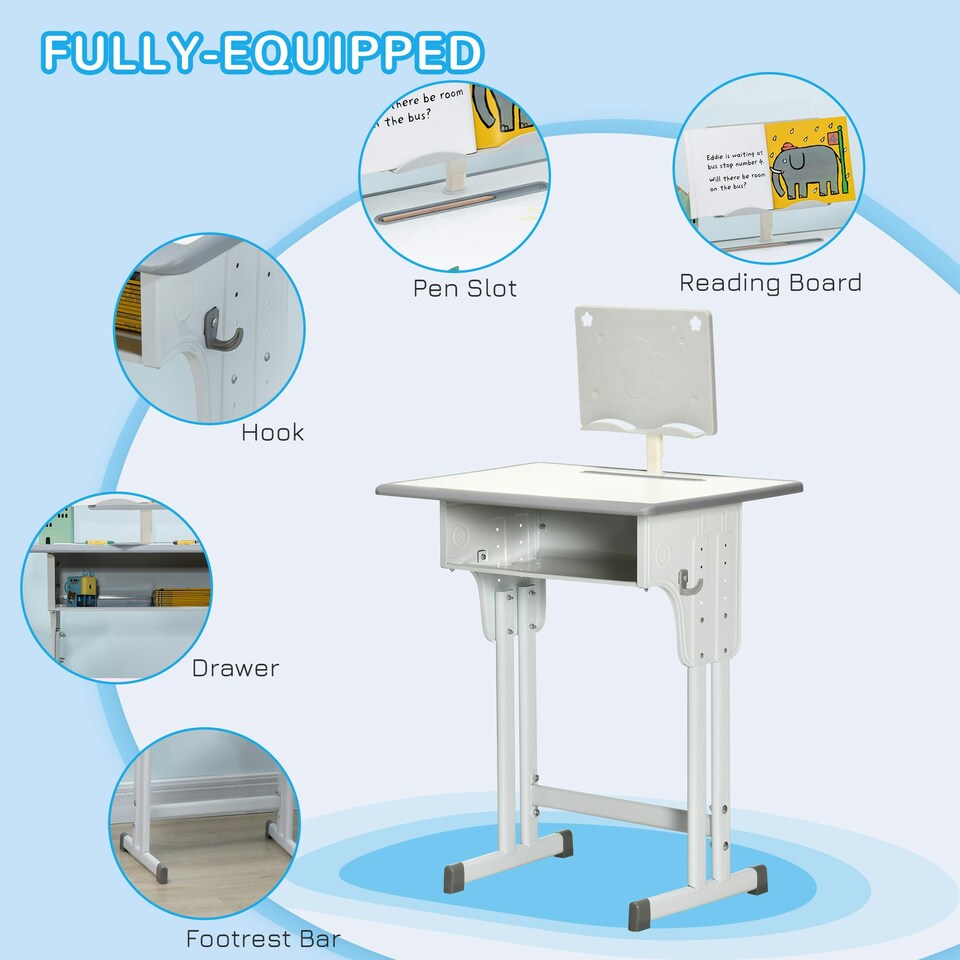 image 1 of HOMCOM Kids Desk and Chair Set Adjustable Height Study Table Set w/ Drawer