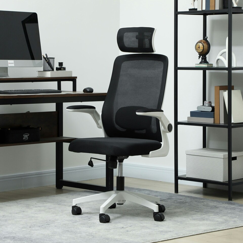 image 1 of HOMCOM Executive Mesh Office Chair with Headrest, Lumbar Support, Grey Black