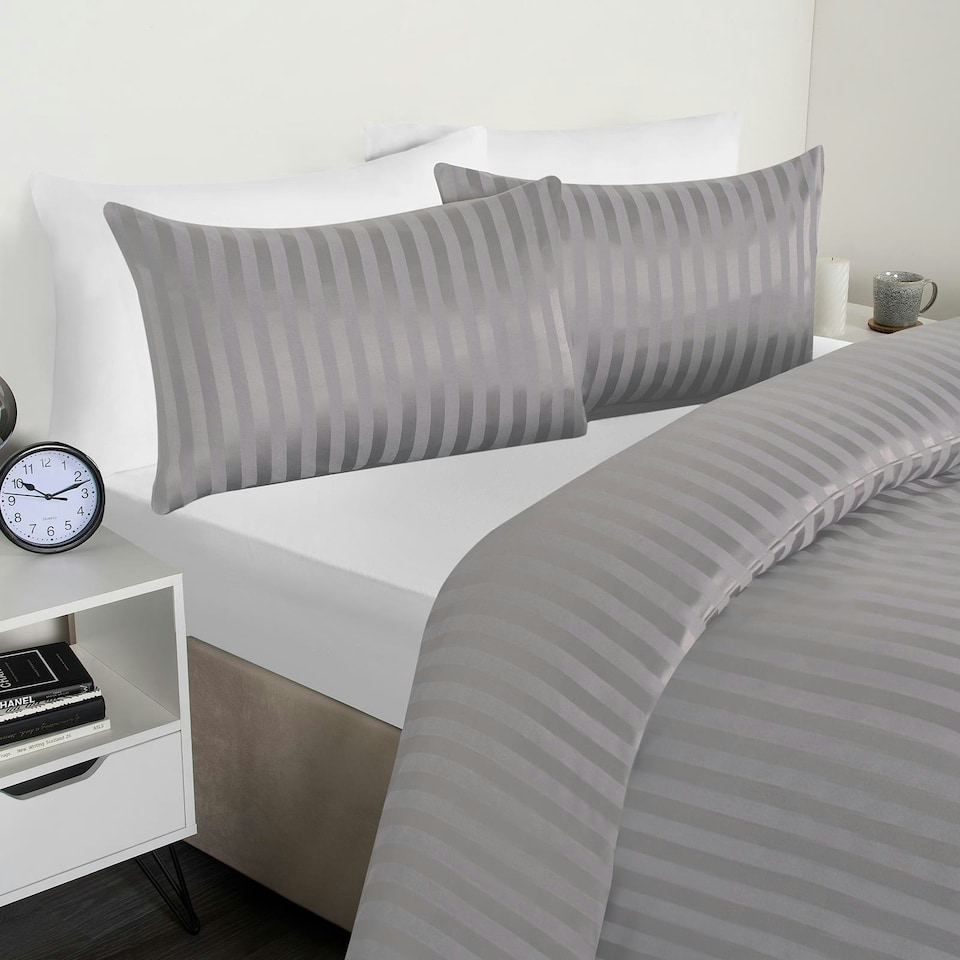 image 1 of OHS Hotel Quality Satin Stripe Duvet Cover and Pillowcase Set, Single - Silver